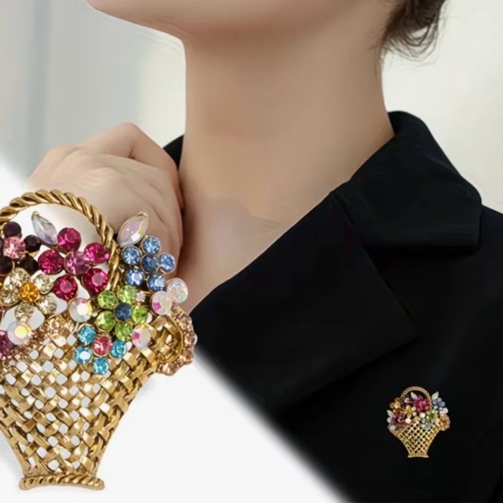 Colorful Vintage-inspired Rhinestone Flower Basket Brooch.